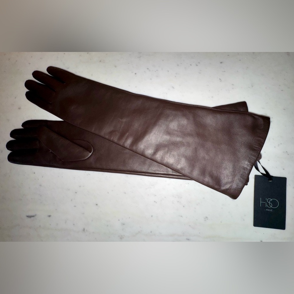 Exquisite Hiso Long Chocolate Brown Lambskin and Cashmere Gloves, size M/L NWT